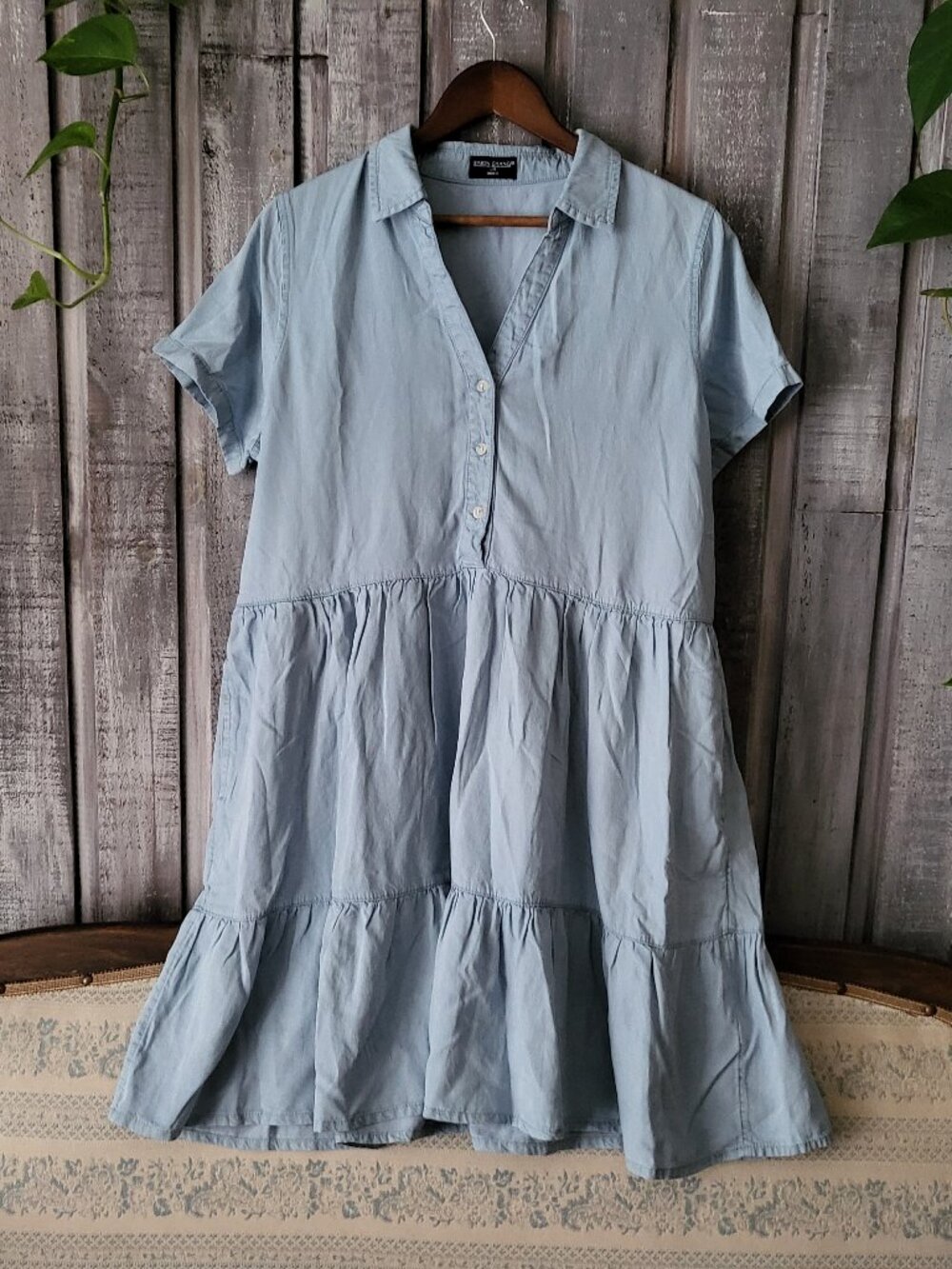 Blue Tencel Lyocell Tiered Babydoll Dress Large